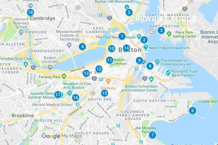La carte des 18 promenades à  Boston